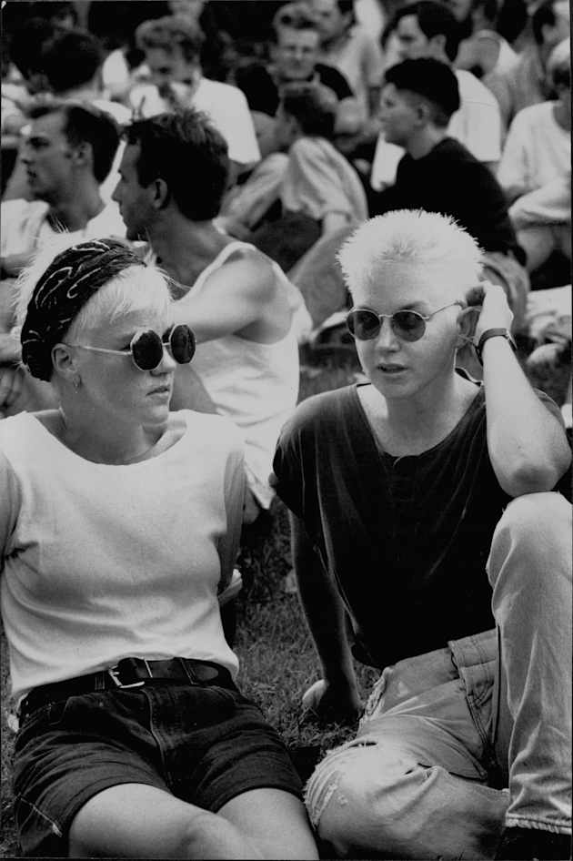 Melissa Sharp & Anita Rayner attend a rally to protest the bashing of gay and lesbians on March 03, 1990.