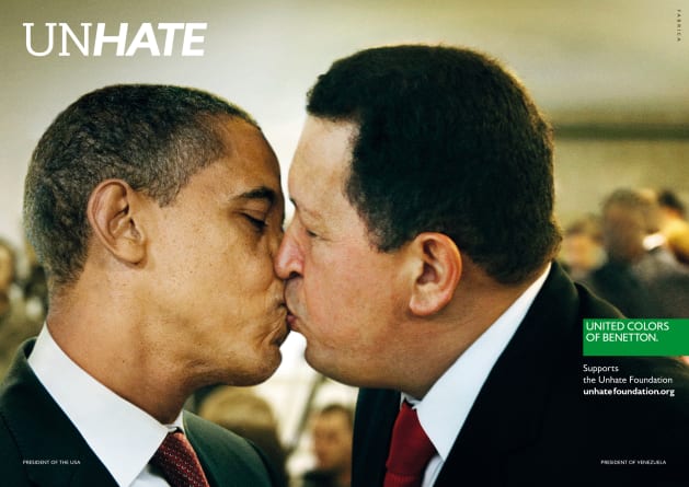 Imagen de la campaña UNHATE de Benetton en donde Obama y Chávez se besan, 2011