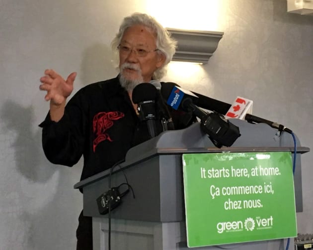 File photo of environmentalist David Suzuki speaks at a Green Party rally in Moncton, N.B. on Sept. 21, 2018.