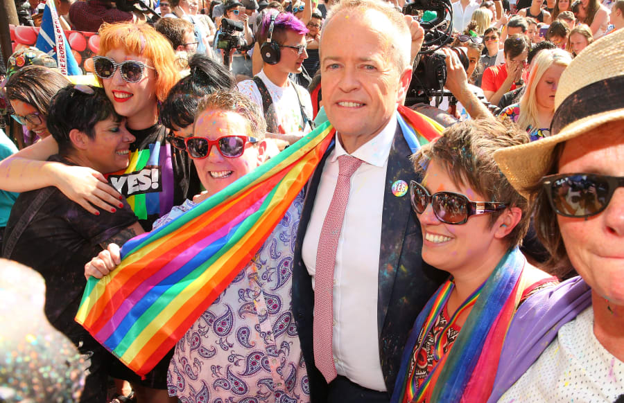 Melbourne, Australia -- November 15: Leader of the Opposition Bill Shorten is embraced by members of the crowd at the State Library of Victoria. Shorten has been an avid supporter of Marriage Equality, and has been instrumental in the YES Campaign.