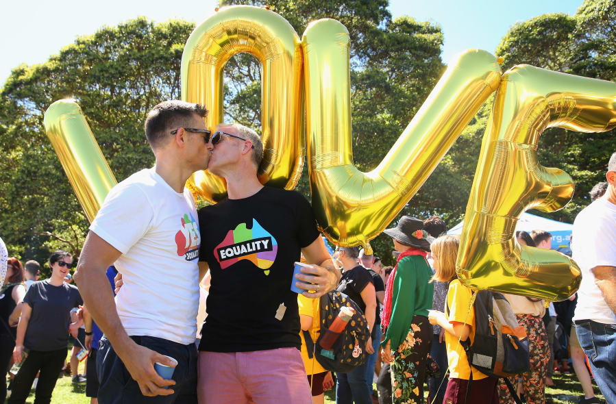 Sydney, Australia -- November 15: David Bryant and Nick Higgins celebrate the YES result and their LOVE.
