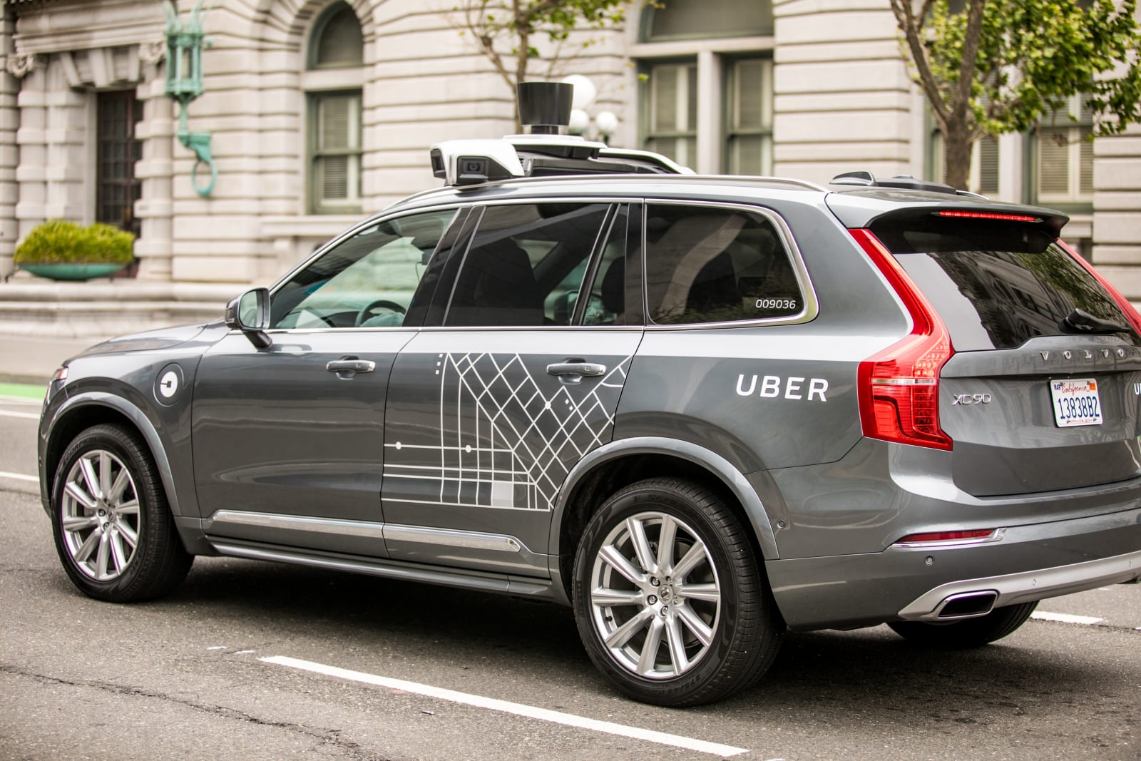 San Francisco, California, USA - May 16, 2017: An Uber self-driving Volvo XC90 SUV on 7th street and Market part of Uber's testi