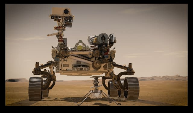 NASA's Mars 2020 Perseverance rover and NASA's Ingenuity Mars Helicopter (shown in an artist's concept)
