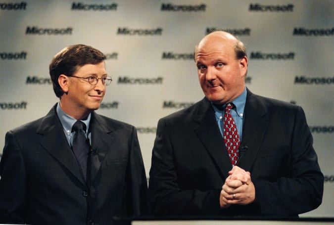 Bill Gates and Steve Ballmer, President and CEO.  (Photo by Robert Sorbo/Sygma/Sygma via Getty Images)
