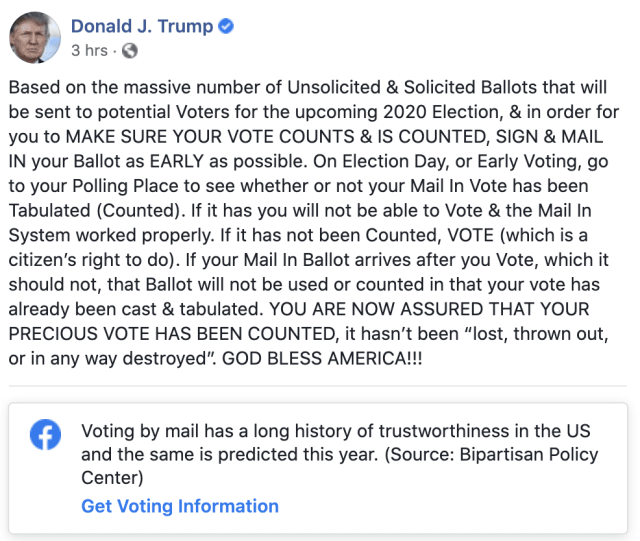 Facebook's latest label for Trump's post about mail-in ballots.