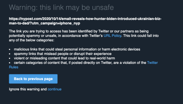 L'avertissement qui apparaît maintenant lorsque vous essayez de cliquer sur des liens qui étaient précédemment partagés avant que Twitter ne commence à le bloquer.