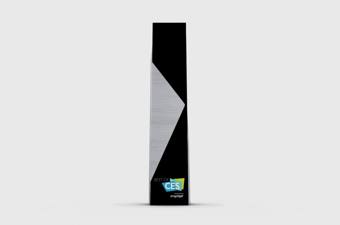 A gif of the Best of CES 2021 winner's trophy.