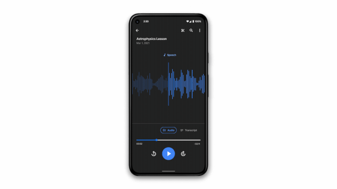 Google Pixel Recorder update spring 2021 animation showing the phone expanding into a wider screen on a browser with layout changes