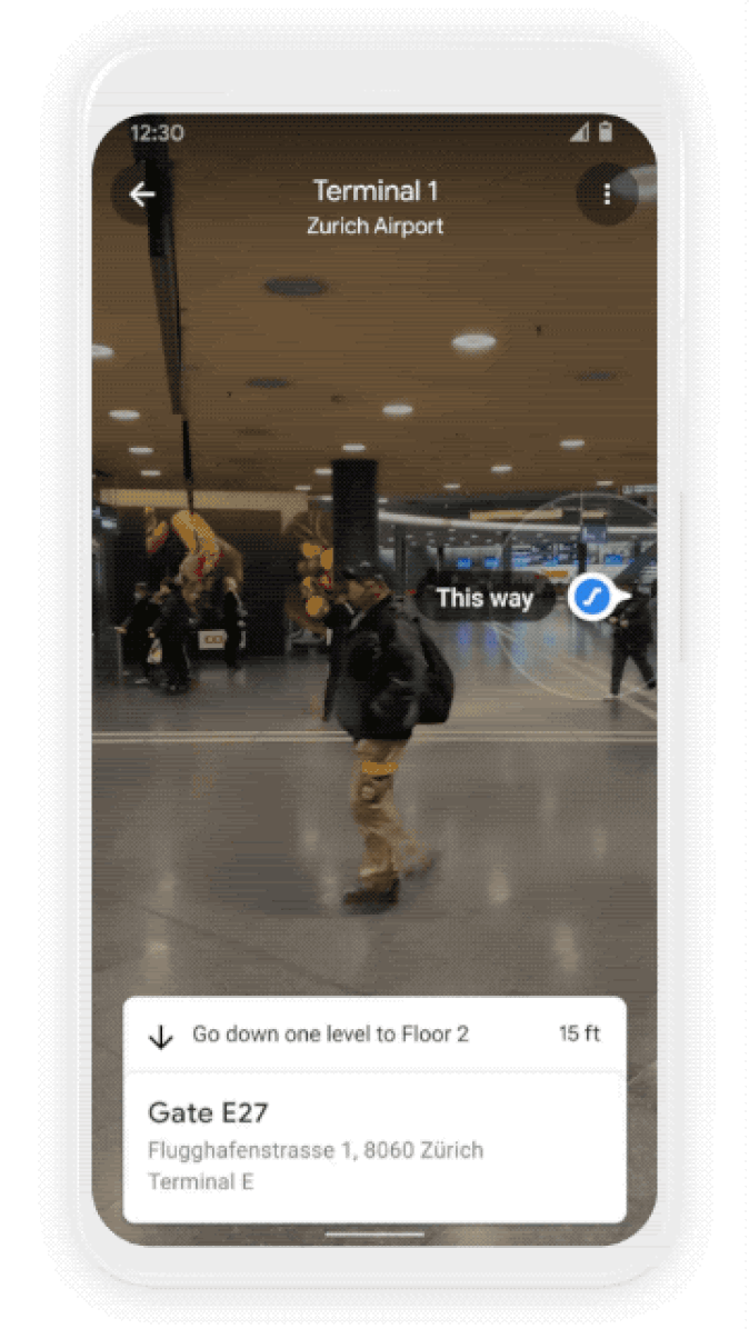 Google Maps Indoor Live View animation. An animation showing a phone panning around Zurich airport with overlaid instructions saying 
