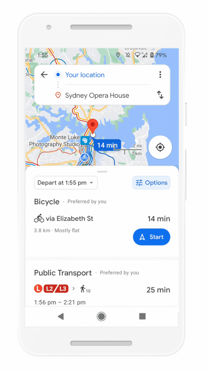 Google Maps New Directions Experience. An animation showing the new Google Maps directions page getting from 