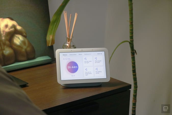 Google Nest Hub 2021 (2nd Gen) picture.  Photo of Google's latest smart display on a bedside table.