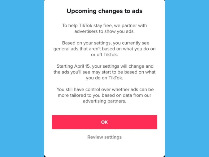 Aviso de anuncio de TikTok
