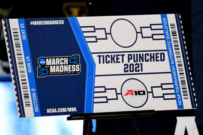DAYTON, OHIO - MARCH 14: NCAA March Madness ticket awarded to St.  Bonaventure Bonnies after a 74-65 win over the Virginia Commonwealth Rams in the championship game of the 10th Atlantic Men's Basketball League at UD Arena on March 14, 2021 in Dayton, Ohio.  (Photo by Emilee Chinn / Getty Images)