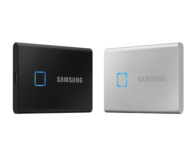 Samsung T7 Touch SSD in black silver against a white background.