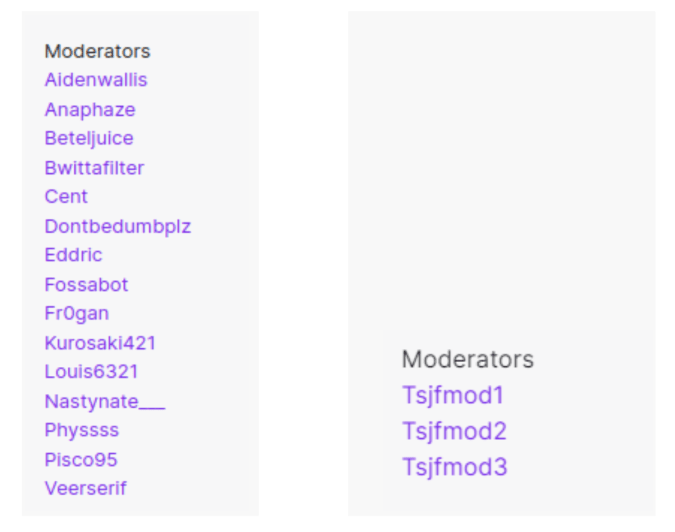 Chat moderators from AOC's October 2020 Twitch event (left) vs. Jimmy Fallon's April 2021 event (right)