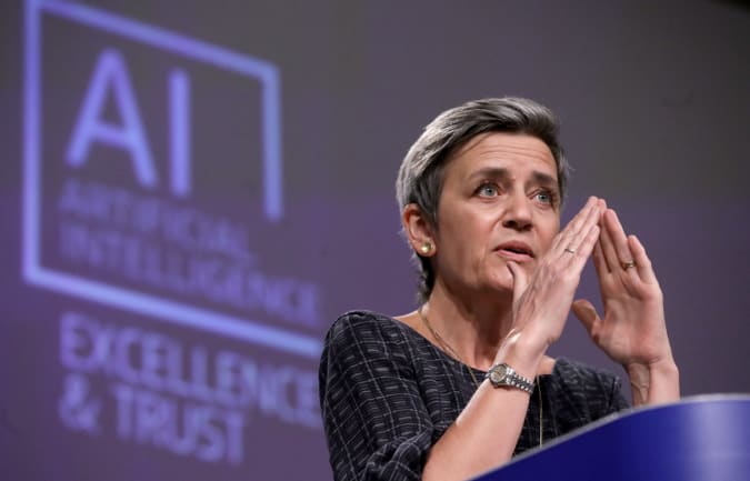 European Executive Vice-President Margrethe Vestager speaks during a press conference on artificial intelligence (AI) following the weekly meeting of the EU Commission in Brussels on April 21, 2021. (Photo by Olivier HOSLET / POOL / AFP) (Photo by OLIVIER HOSLET/POOL/AFP via Getty Images)