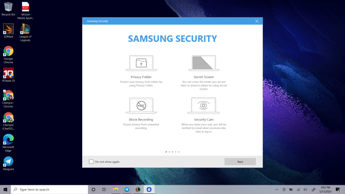 Capture d'écran du Samsung Galaxy Book Pro 360 montrant l'application Samsung Security.
