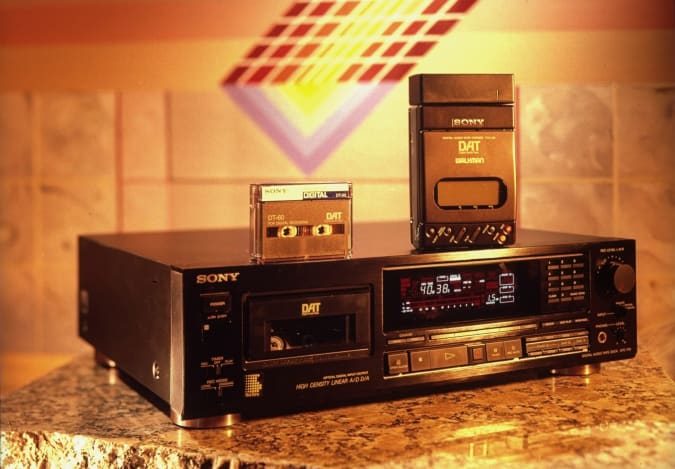 Sony DAT cassette deck, Walkman portable cassette player and blank DAT cassette.  (Photo by Ted Thai / The LIFE Picture Collection via Getty Images)