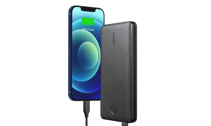 A rendering of the Anker PowerCore Essential 20,000mAh portable battery and a smartphone being charged.
