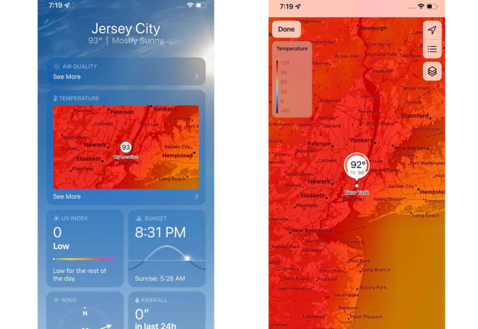 A composite of two screenshots showing the Weather app in the iOS 15 beta. 