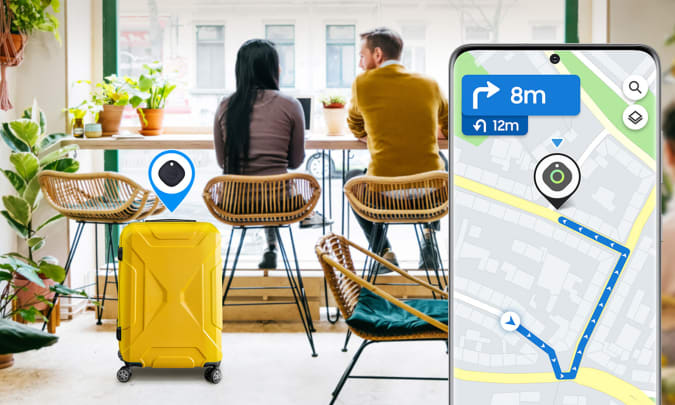 A press image for the Samsung Galaxy SmartTag showing a couple at a shop with luggage and a phone showing its location.
