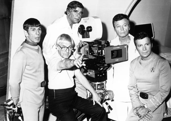 DECEMBER 7:  Actors Leonard Nimoy, DeForest Kelley and William Shatner pose for a portrait with writer Gene Roddenberry and  director Robert Wise during the filming of the movie 