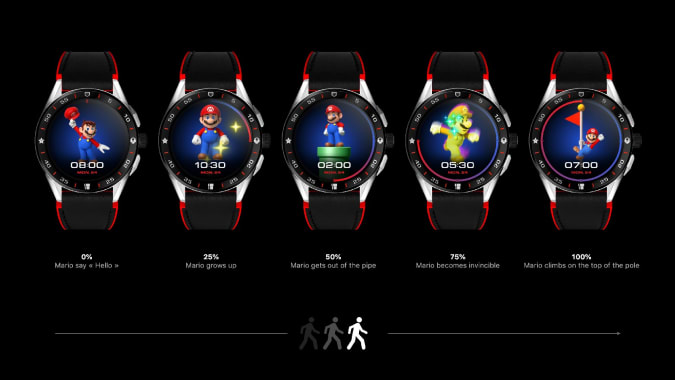 Cinco relojes TAG Heuer Connected de edición limitada Super Mario con correas negras y rojas.  Cada uno de ellos muestra una imagen de Mario diferente en diferentes momentos del día.