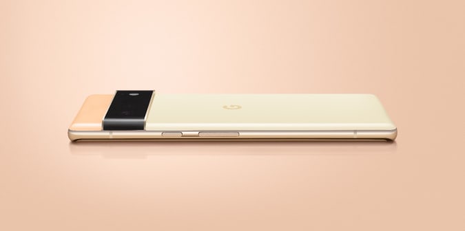 Side view of the peach/gold Pixel 6 Pro.