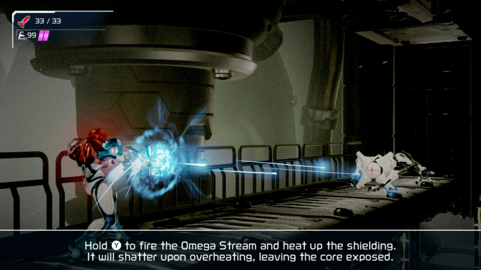 Samus Aran firing the Omega Stream at an EMMI