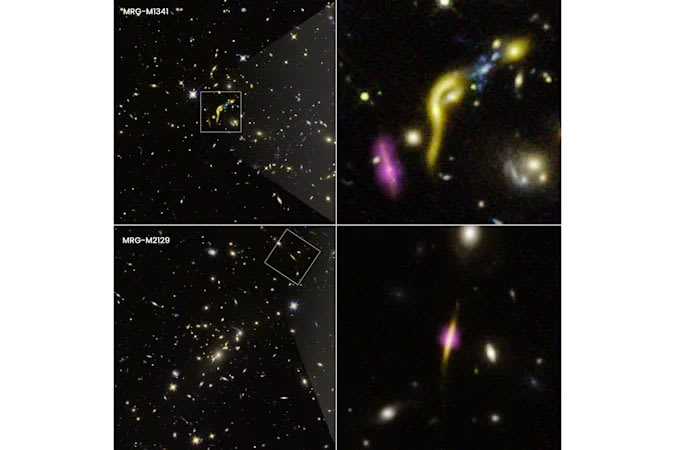 Pullout and close-up views of two 'dead' early galaxies captured by both the Hubble Space Telescope and ALMA.