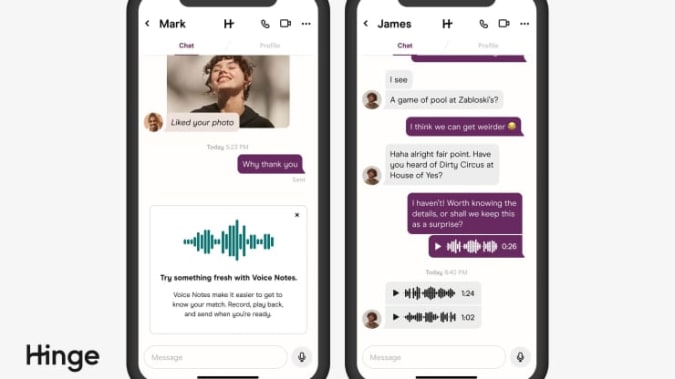 Screenshots showing the voice messaging feature in the dating app Hinge.