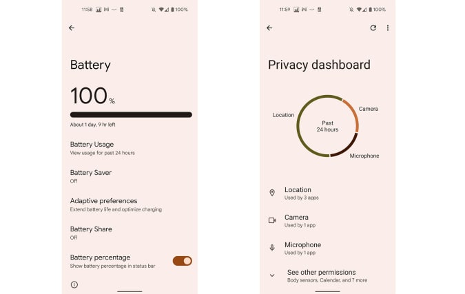 Two screenshots showing the Android 12 Battery and Privacy settings pages. 