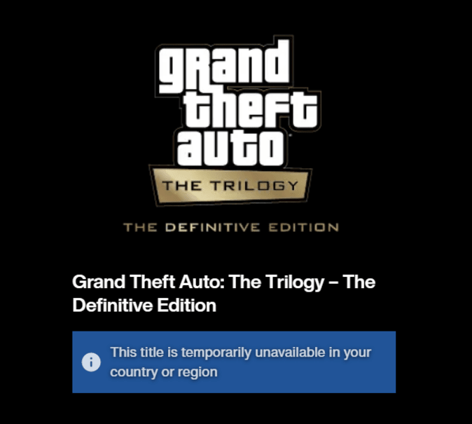 A screenshot of the Rockstar Games website indicating that Grand Theft Auto: The Trilogy — The Definitive Edition is 