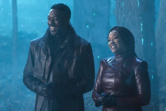 Pictured: David Ajala as Book and Sonequa Martin Green as Burnham of the Paramount+ original series STAR TREK: DISCOVERY. Photo Cr: Michael Gibson/ViacomCBS Â© 2021 ViacomCBS. All Rights Reserved.