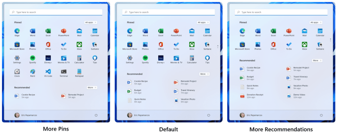 Windows 11 Start menu options