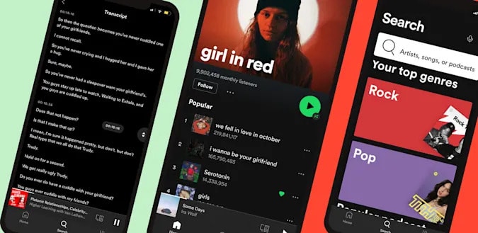 Um banner mostrando três capturas de tela do Spotify com um exemplo de uma transcrição à esquerda.