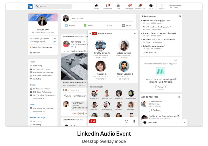 A screenshot showing how LinkedIn Audio Events will look, with hosts given prominence and attendees listed below.