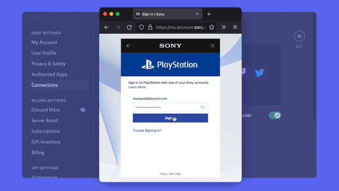 A screenshot showing a pop-up browser window with the PSN login screen in Discord.
