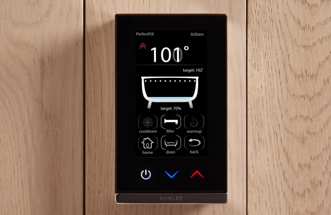 The control panel of Kohler's PerfectFill system allows the owner to control the depth and temperature of the bath water without manual monitoring.