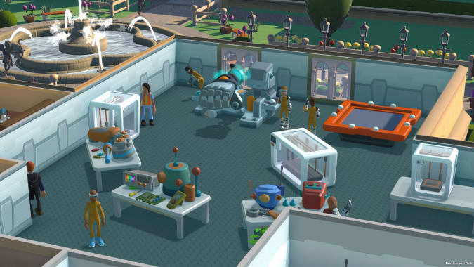 A robotics class in the quirky college life simulation game Two Point Campus.