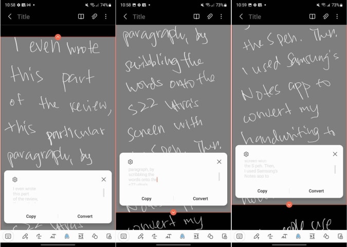 Three screenshots showing some handwriting on the Samsung Note app with an orange outline around some of the writing and a box at the bottom showing the words the system recognized.