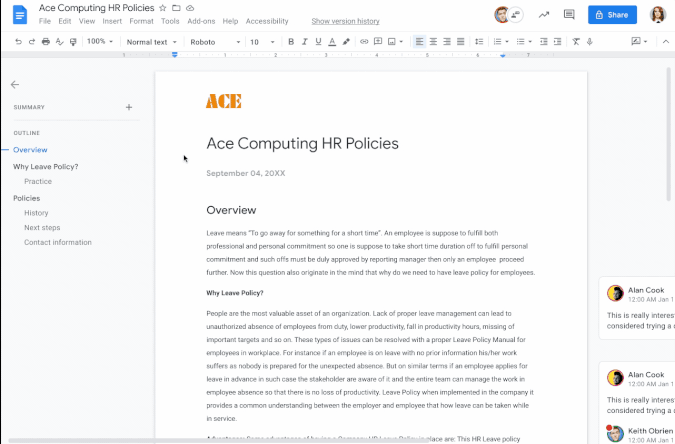 An animation showing how the new automatically generated summaries in Docs works.
