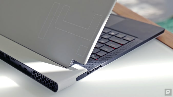 Alienware's new dual-torque hinge for the X14 helps increase screen stability, white reducing excess size and weight. 