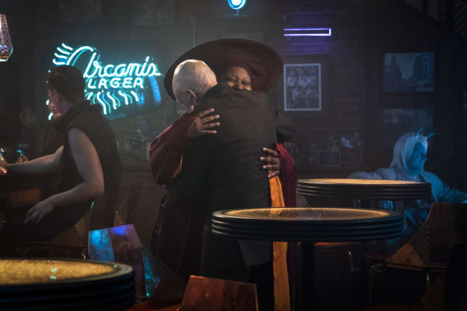 Pictured: Whoopi Goldberg as Guinan and Sir Patrick Stewart as Jean-Luc Picard from the original Paramount+ series STAR TREK: PICARD.  Photo Cr: Nicole Wilder/Paramount+ ©2022 ViacomCBS.  All rights reserved.