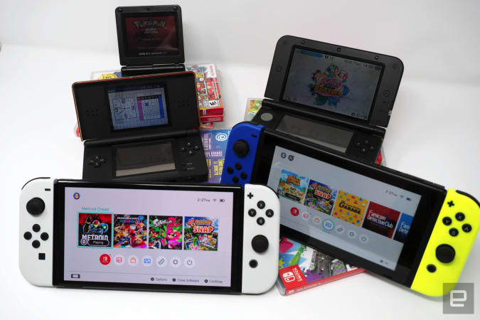 Nintendo Switch OLED, regular Switch, 3DS XL, Nintendo DS, Game Boy Advance SP