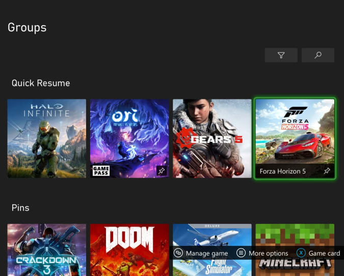 The Xbox dashboard, showing the Groups section. The Quick Resume group includes two tiles with a pin icon.