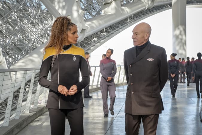 Pictured: Michelle Hurd as Raffi and Sir Patrick Stewart as Jean-Luc Picard of the Paramount+ original series STAR TREK: PICARD. Photo Cr: Trae Patton/Paramount+ Â©2022 ViacomCBS. All Rights Reserved.