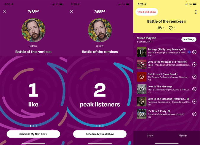 Screenshots of the AMP app showing how many listeners and likes a show has received.