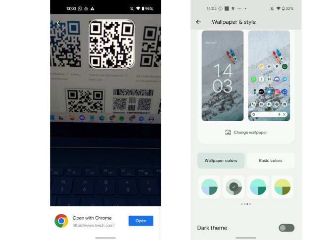 Two screenshots showing the new QR code scanner in Android 13 beta and some new color themes in Settings.