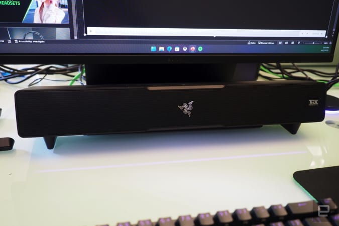 Razer Leviathan V2 soundbar on a white table, no lighting on